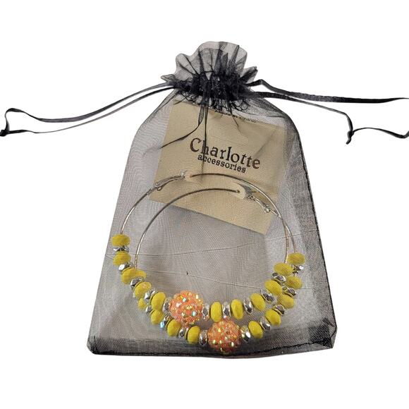 Large Yellow Beaded Hoop Earring 3" Silver Tone Rhinestone Accent Pierced Trendy - Picture 7 of 7